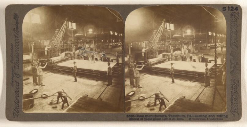 Glass manufacture, Tarentum, Pa. - casting and rolling sheets of plate glass 12 1/2 x 21 feet.