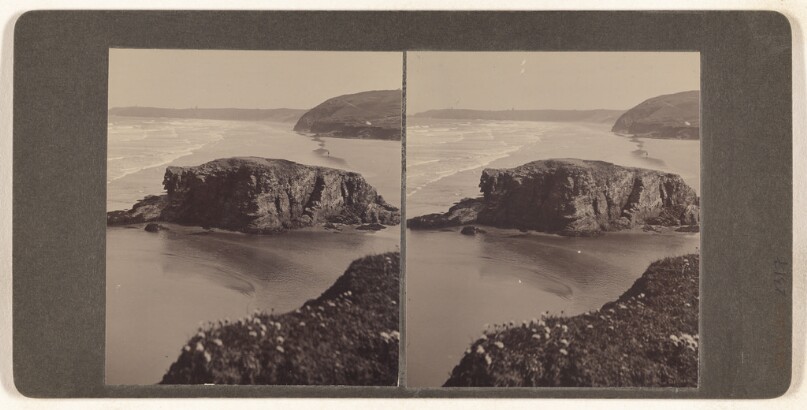 [Unidentified English coastline with large rock] (recto); [Unidentified marina, two men on pier] (verso)