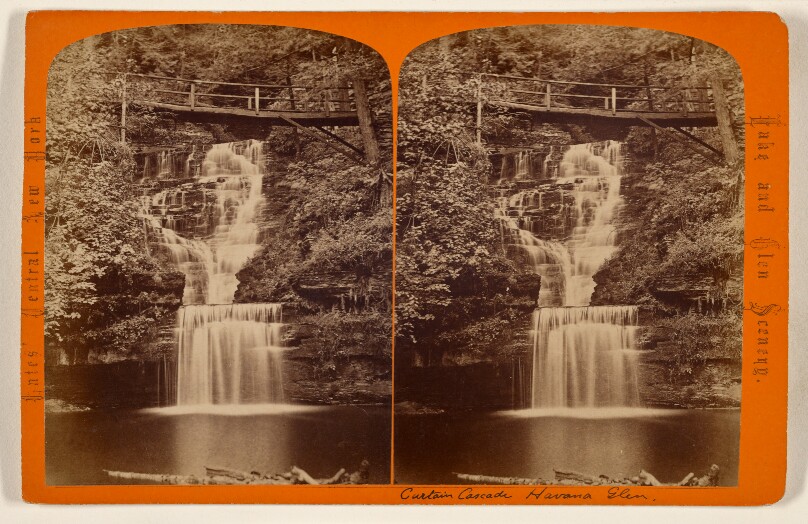 Curtain cascade and bridge to Jacob's Ladder. [Havana Glen, N.Y.]