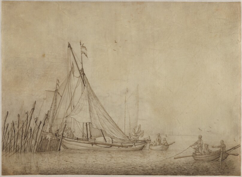 Ships at a Fishing Weir with a City in the Background