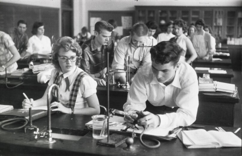 Chemistry class in Austin High School, Houston, Texas. "Education is too technical in America. They should study more of the humanities."