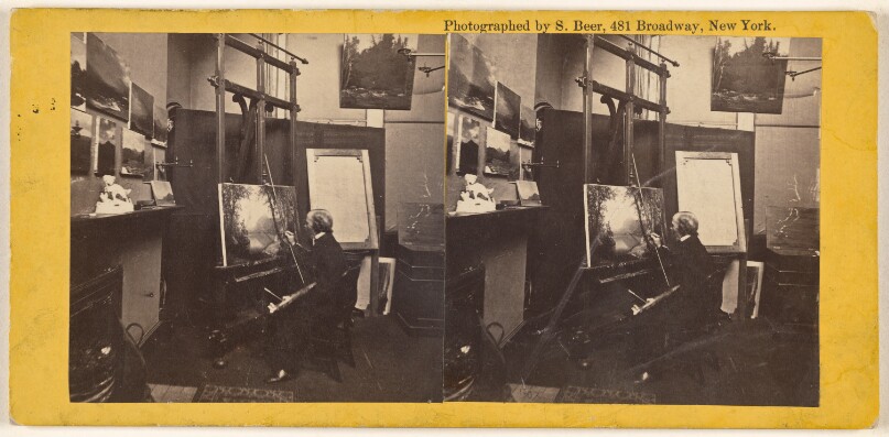 [The artist Hubbard painting at his easel]
