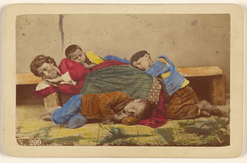 [Gypsy mother and three children alseep on bench and ground]