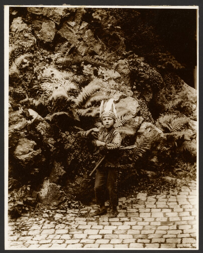 [Boy Dressed as an Indian Posed in Front of Ferns]