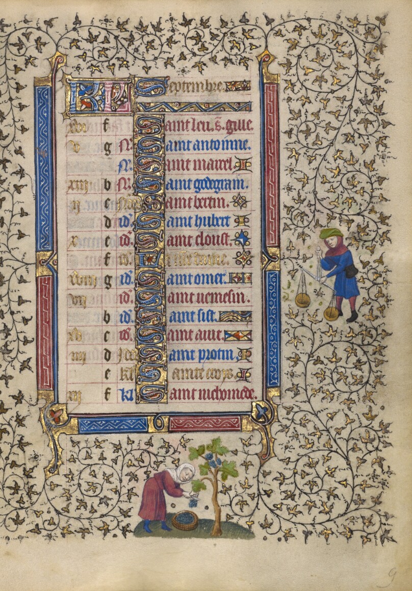 Calendar Page for September; Harvesting Grapes; Libra