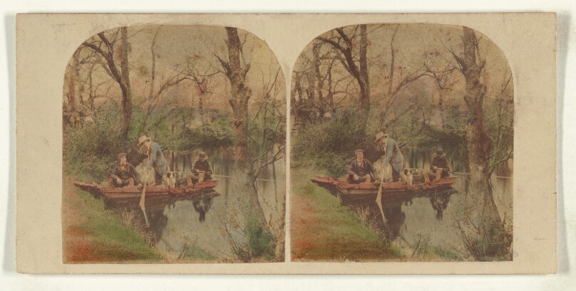 [Three men in boat just casting off into river]
