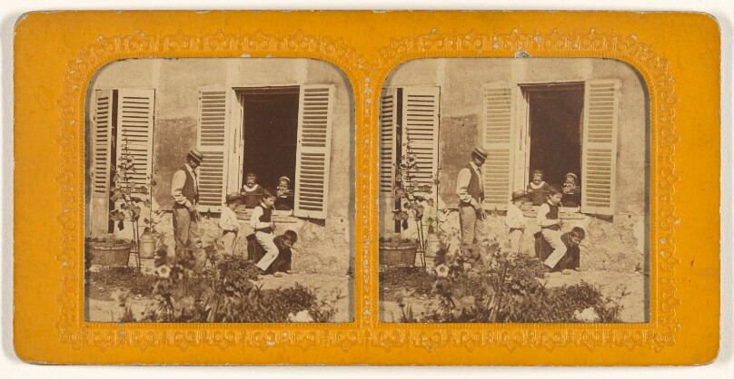 [Three children playing leap frog, man behind them, two children observing from an open window]