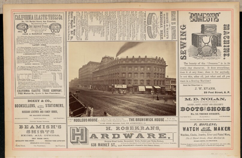 View of Nucleus House, South East Corner Third and Market Streets, D. Stern and Son, Proprietors - Also of the Brunswick House, North West Corner Sixth and Howard Streets