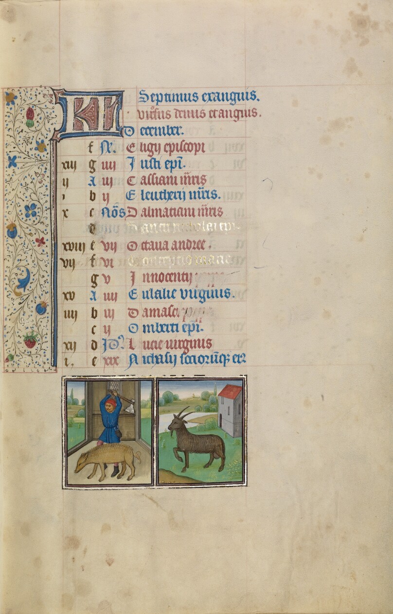 December Calendar Page; Slaughtering a Pig; Capricorn