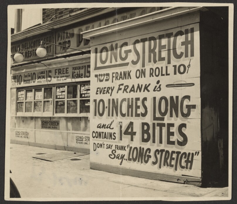 ["Long Stretch" frankfurter sign at Pitkin Delicatessen]