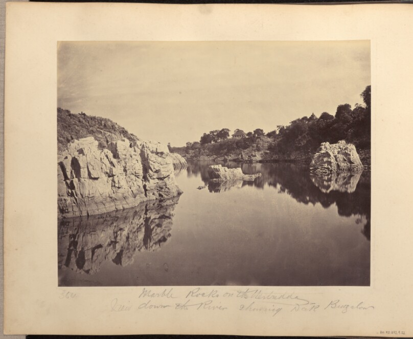 Marble Rocks on the Nerbudda. View Down the River Showing Dāk Bungalow
