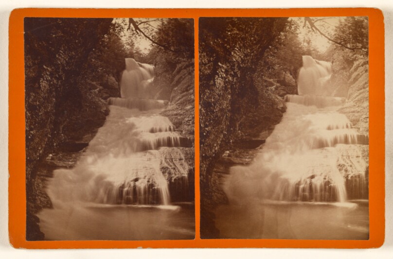 Grand view of Dingmans High Falls with overhanging rocks. [Pike County, Pa.]