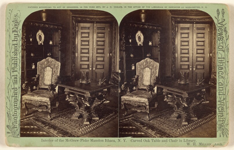 Interior of the McGraw-Fiske Mansion Ithaca, N.Y., Carved Oak Table and Chair in Library. W.H. Miller, Arch.