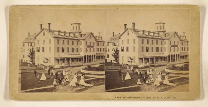 [Town scene with building "Pavilion." at or near Lake Winnipiseogee]