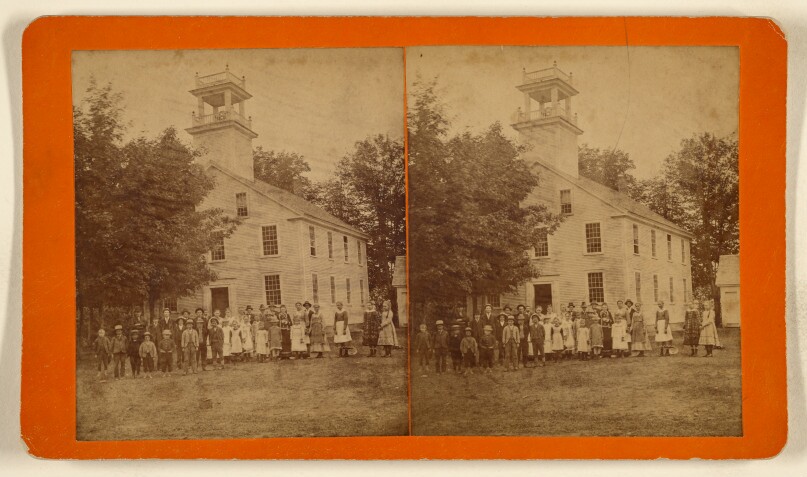 [Group of students in front of a school or church, probably in Vermont]