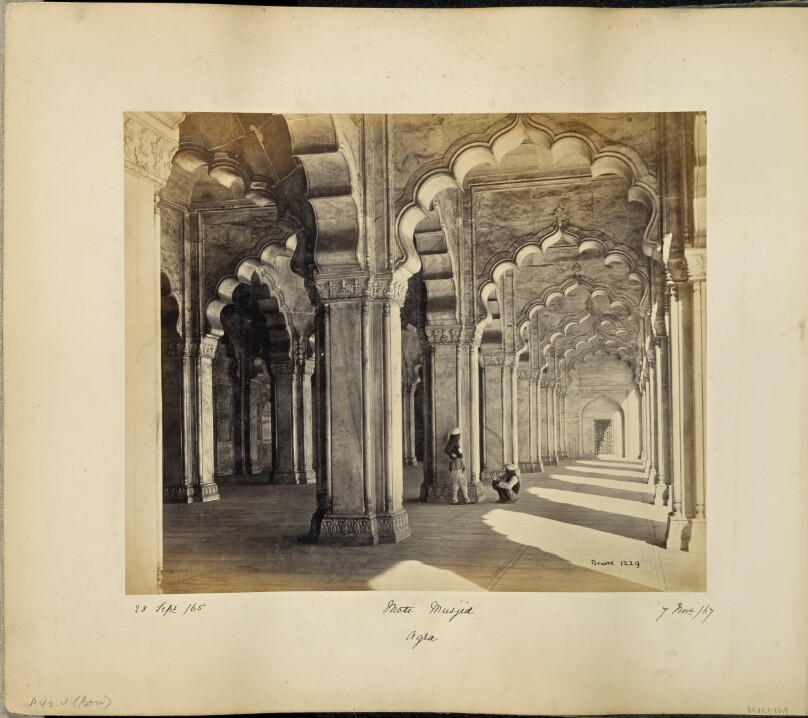 Agra; Interior of the Motee Musjid, showing the marble Saracenic arches and pillars
