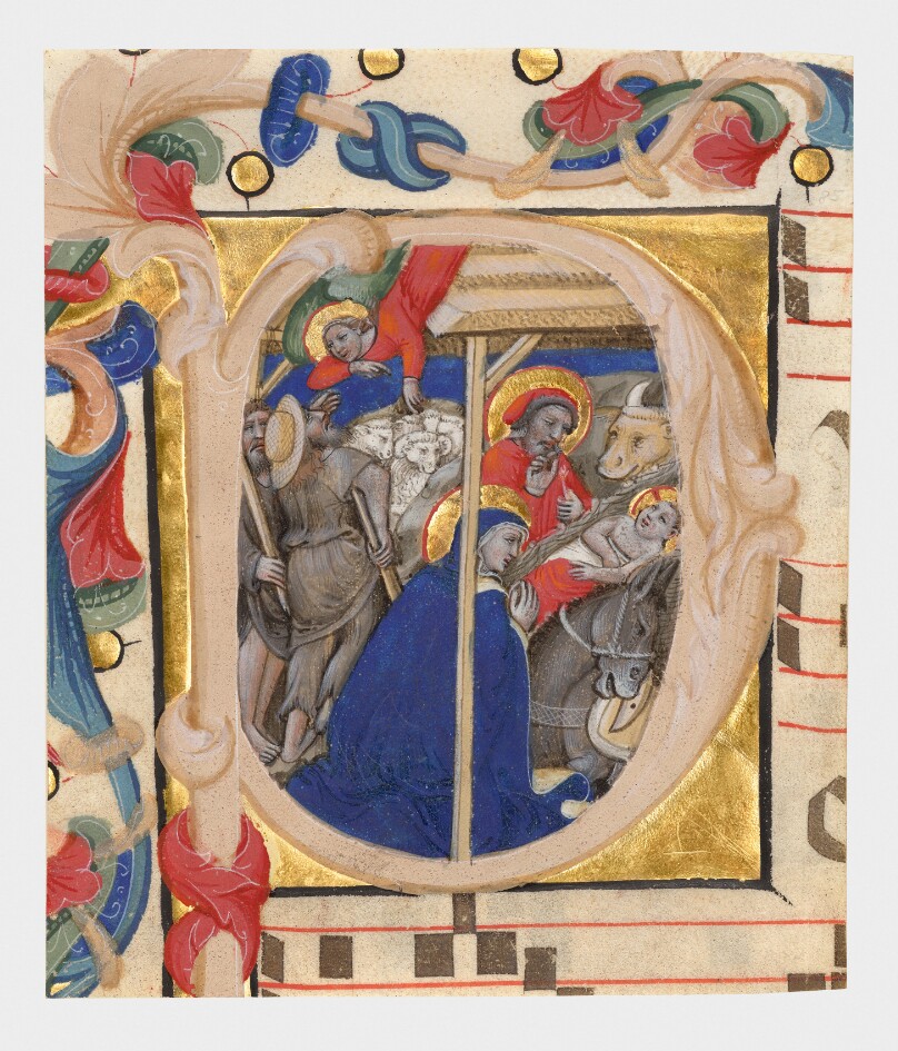Initial P: The Nativity and the Annunciation to the Shepherds, cutting from a gradual