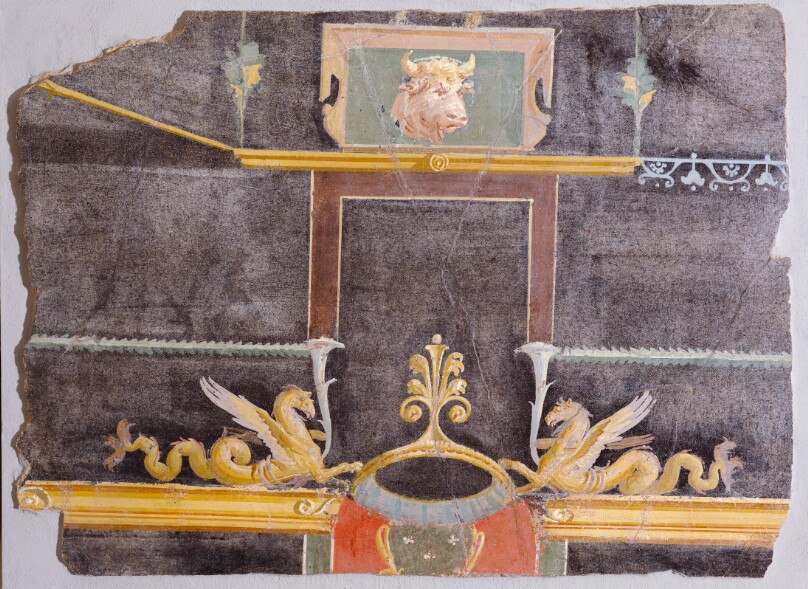 Wall Fragment with Bull's Head and Winged Sea Monsters on Black Ground