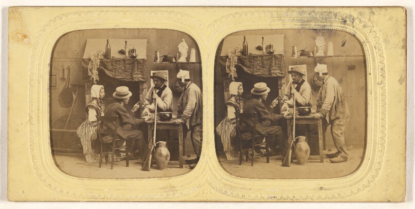 [Genre scene: people in discussion around table, one woman with bonnet, gun leaning against table]