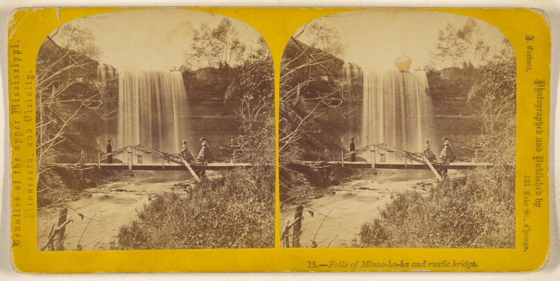 Falls of Minne-ha-ha and rustic bridge.