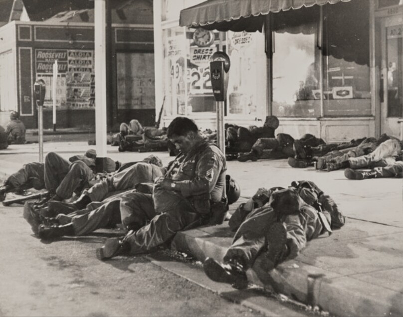 Watts Riots - Soldiers lying on sidewalk