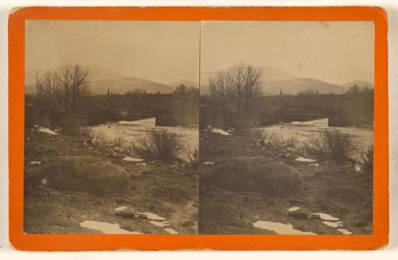 [Unidentified valley view with stream and small bridge, rocks at foreground, somewhere in Pennsylvania]