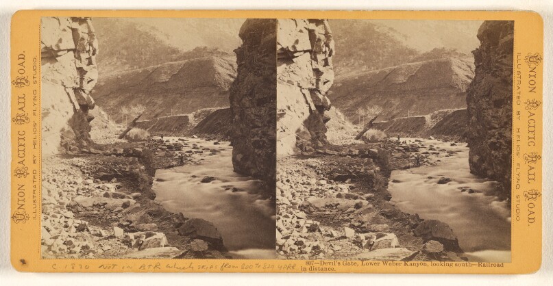 Devil's Gate, Lower Weber Kanyon [sic], looking south - Railroad in distance.