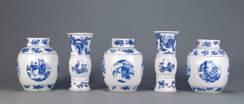 Garniture of Three Lidded Vases and Two Open Vases