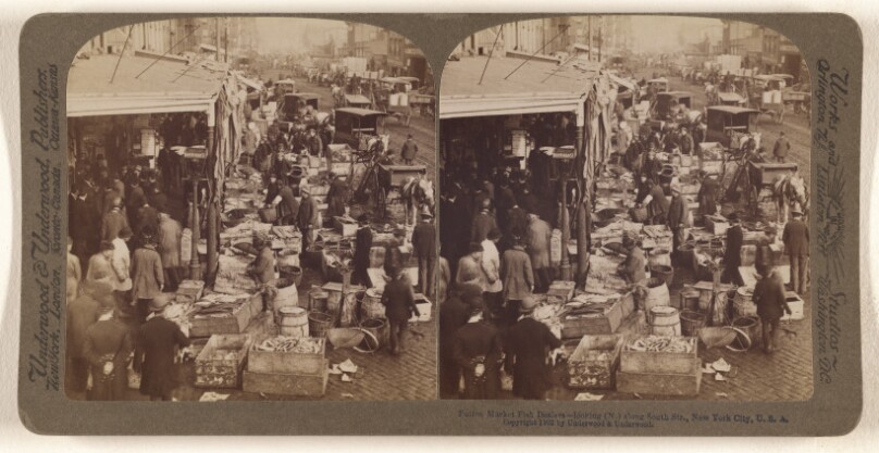 Fulton Fish Market Dealers - looking (N.) along South Str., New York City, U.S.A.