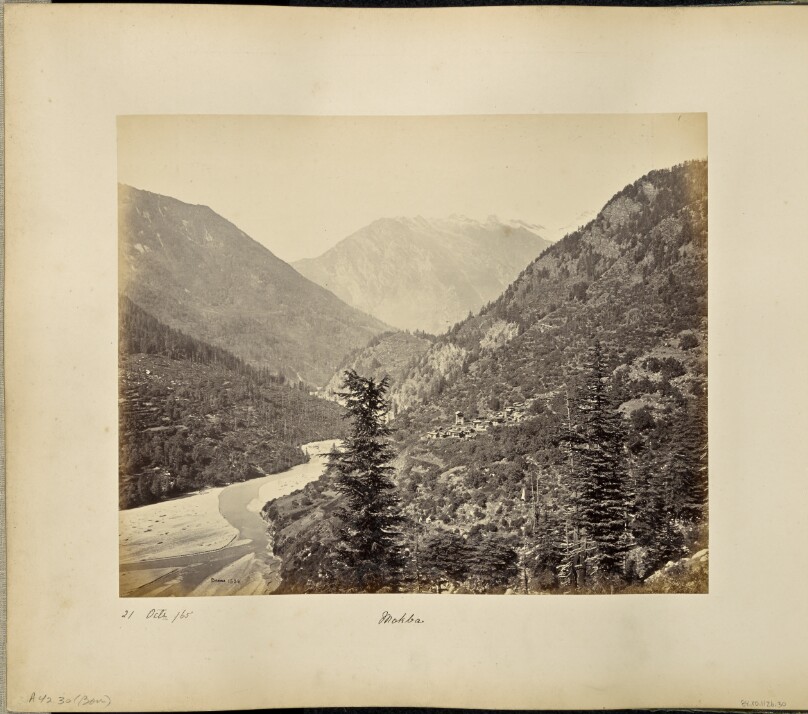 The Village of Mokba on the Ganges, summit of Bunderpoonch in the distance
