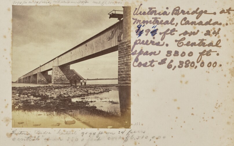 Victoria Bridge Montreal 9194 feet on 24 Piers. Central Span 3300 feet. Cost $6,380,000