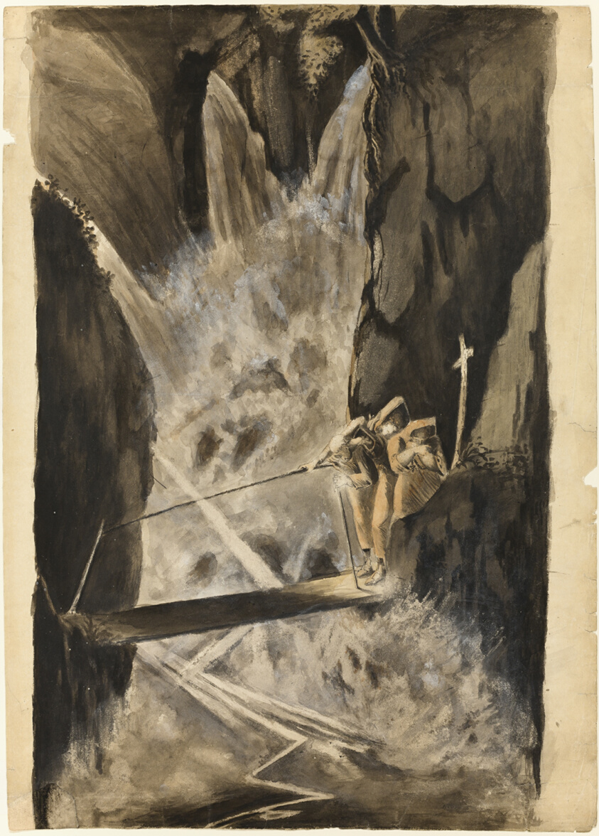 Three Monks Crossing a Bridge Over a Cataract