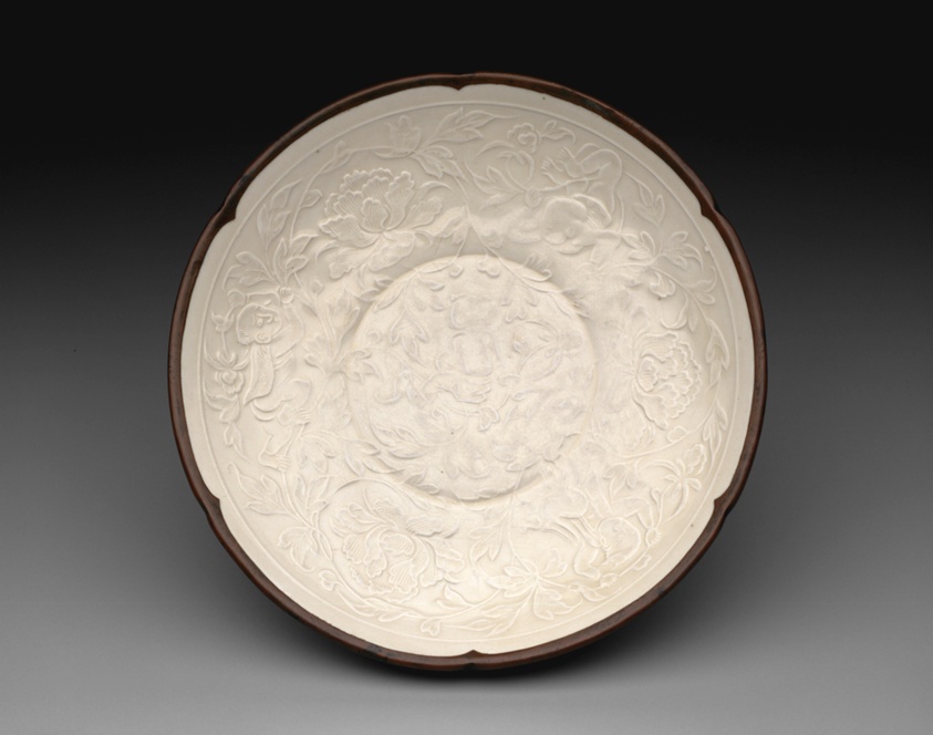 Dish with Peony Sprays and Four Boys