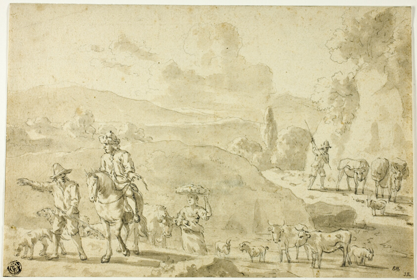 Cows, Sheep, Goats Being Herded, Herdsman Giving Directions to Traveler on Horseback