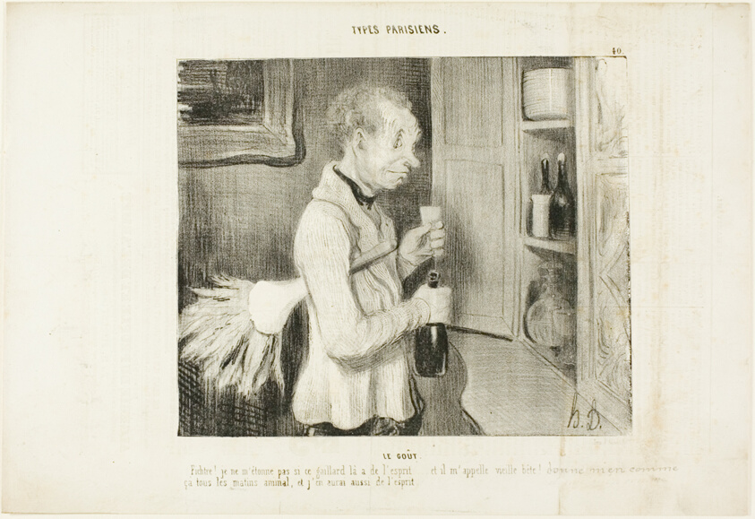 The Taste. “Wow! I am not surprised any more why this fellow is so spirited... and he calls me an old beast! Let me have one of these every morning, and I will be full of spirit too,” plate 40 from Types Parisiens