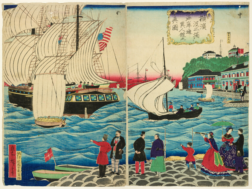 True View of the Foreign Buildings along the Waterfront Seen from the Yokohama Wharves (Yokohama hatoba yori kaigandori ijinkan no shinzu)