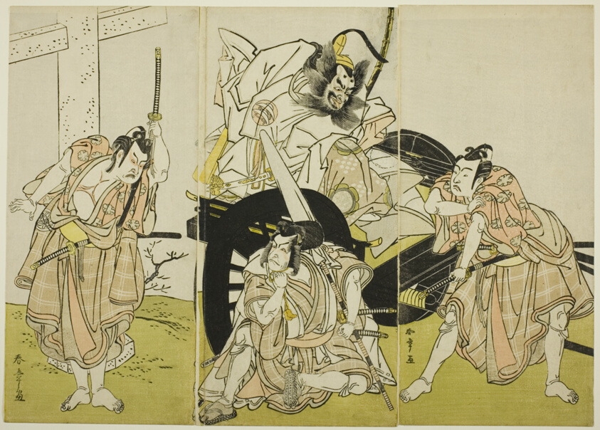 Actors Nakajima Mihoemon II as Fujiwara no Shihei, Ichikawa Ebizô III as Matsuo-maru, Ichikawa Yaozô II as Sakura-maru, and Ichimura Uzaemon IX as Umeo-maru in “Sugawara’s Secrets of Calligraphy” (“Sugawara denju tenarai kagami”)