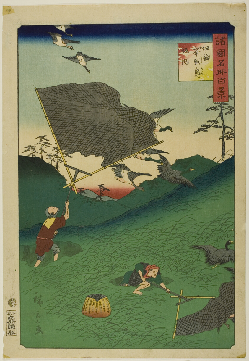 Netting Wild Geese on the Hill at Okoshi, Iyo Province (Iyo Okoshi kamo saka ami) from the series “One Hundred Famous Views in the Various Provinces (Shokoku meisho hyakkei)”