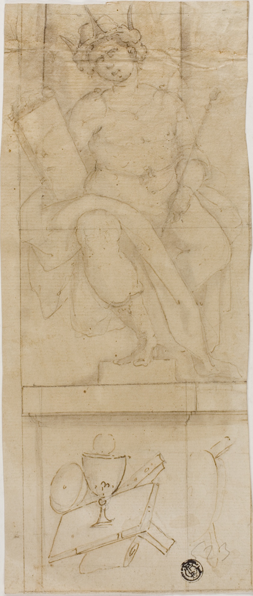 Seated Figure with Crown, Holding Sceptre and Book, with Host Below