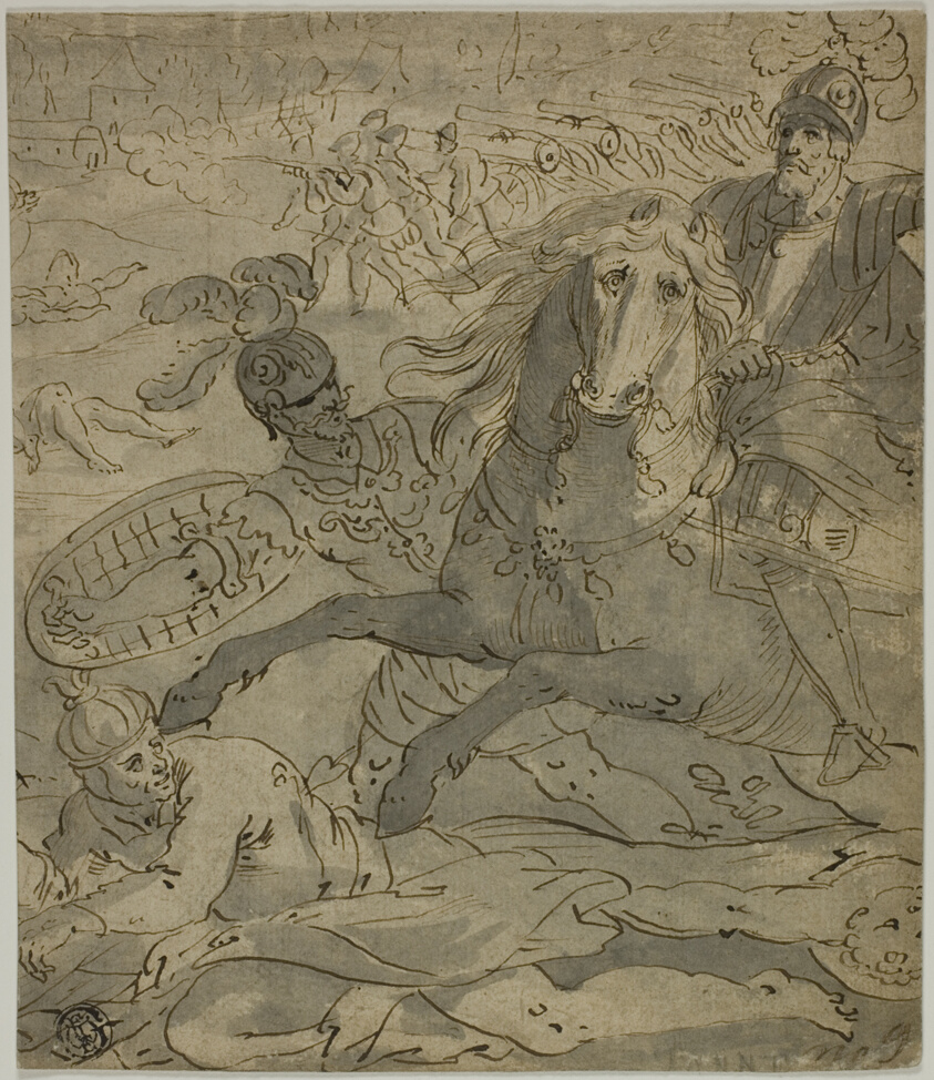 Battle Scene with Charging General on Horseback in Foreground, Artillery and Cannons in Background