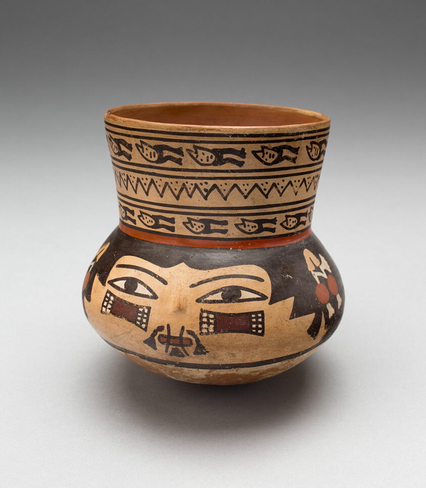 Jar in the Form of a Human Head with Face Painting and Bound Lips