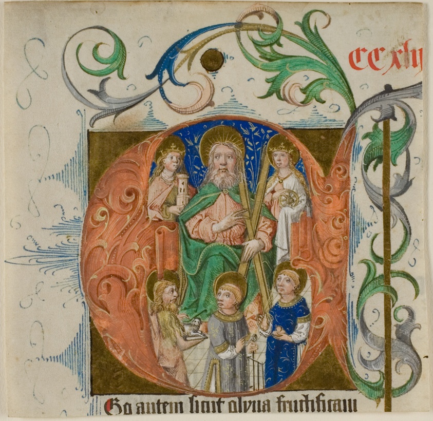 Saints Barbara, Catherine, Andrew, John the Baptist, Lawrence and Thomas à Beckett in a Historiated Initial "E" from a Missal or Breviary