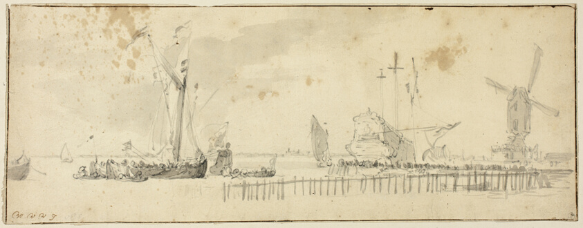Sailing Ships in Harbor near Windmill