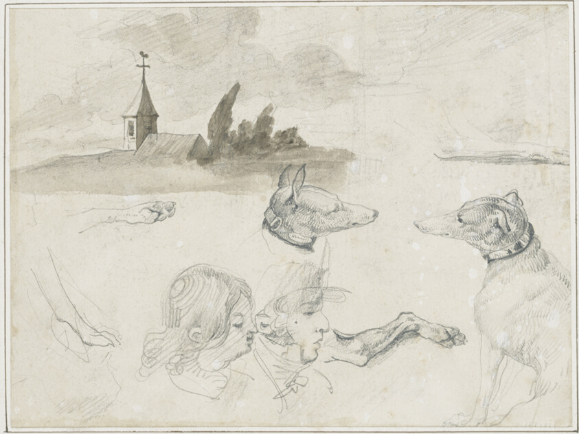 Sheet of Sketches: Greyhounds; A Male and a Female Head in