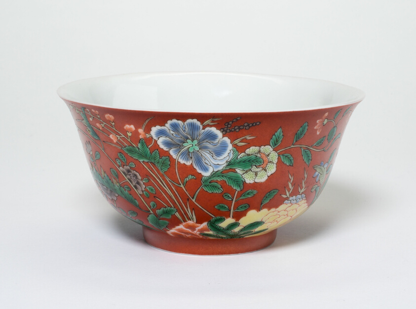 Bowl with Flowers on a Coral-Red Ground