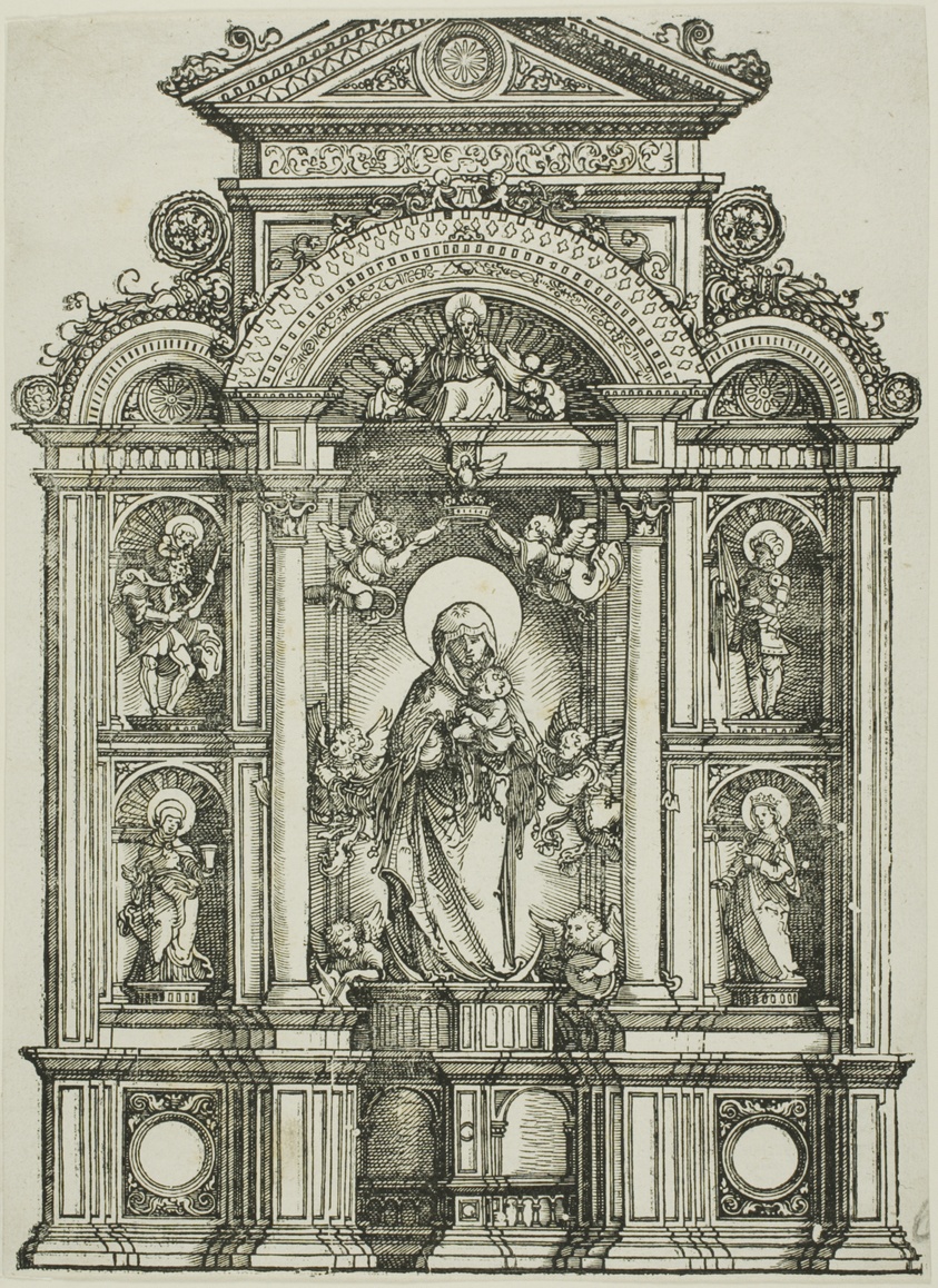 Altarpiece with the Beautiful Virgin of Regensburg and Saints Christopher, Mary Magdalen, Florian and Catherine Standing in Niches, with God the Father Above