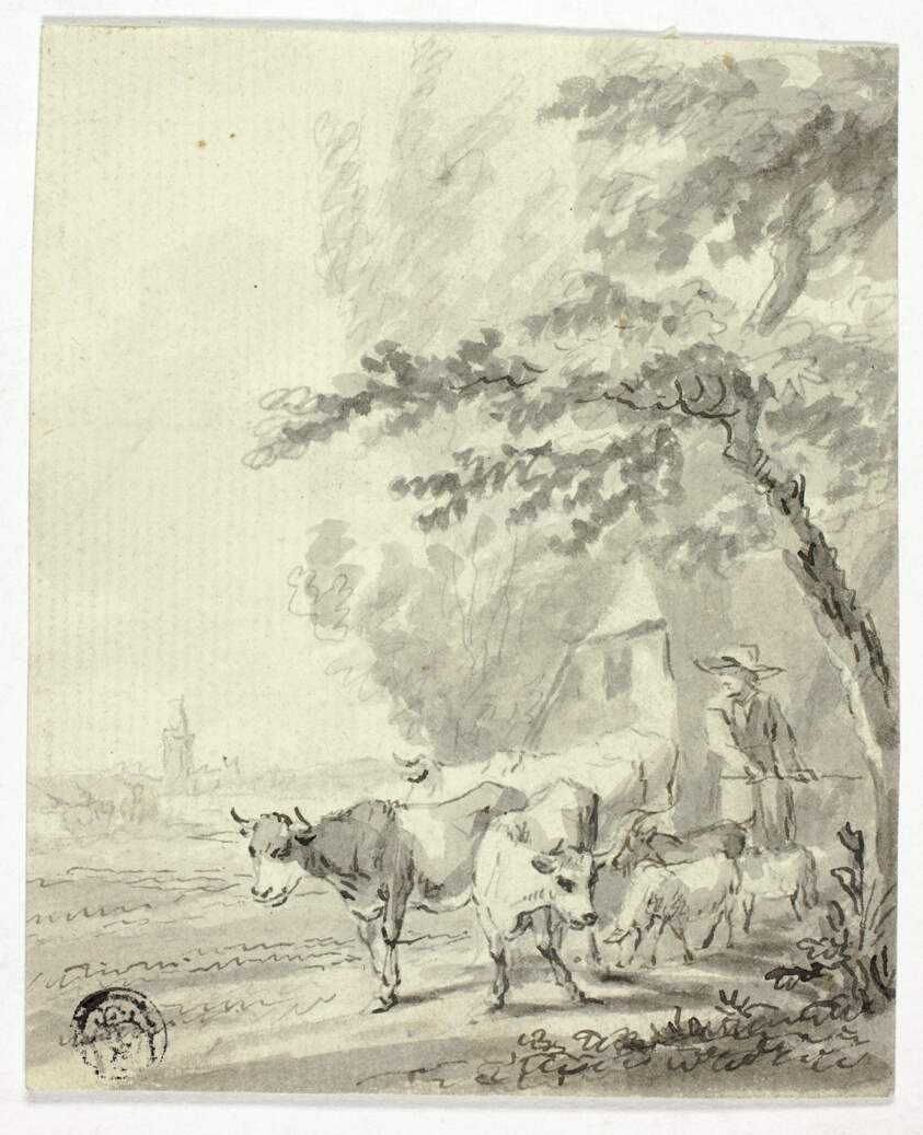 Man Herding Cows and Sheep
