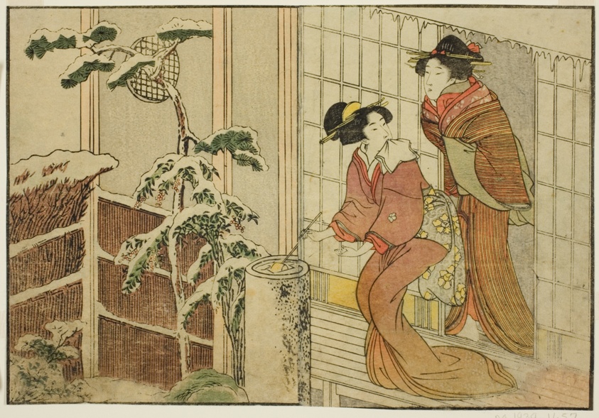 Two Women on Verandah on a Snowy Morning, from the illustrated book "Picture Book: Flowers of the Four Seasons (Ehon shiki no hana)," vol. 2