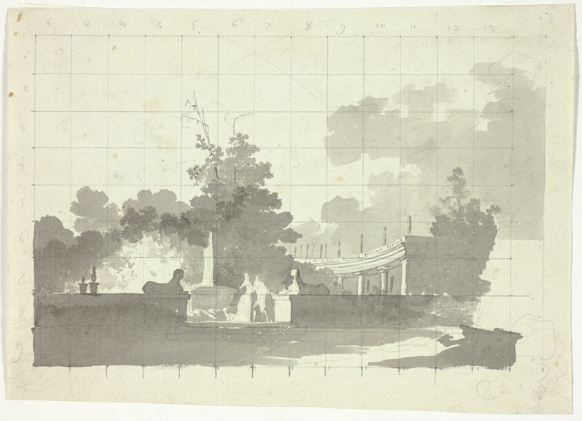 View of the Park at Versailles: Two Sphinxes and a Couple Near a Collonade