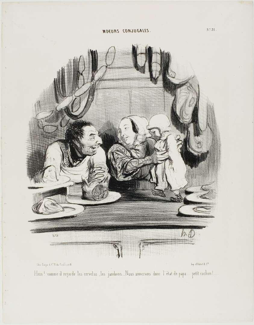 “Look! See how his eyes are on the saveloys and the ham.... it seems we like Papa's job?..... my little piglet!,” plate 51 from Moeurs Conjugales
